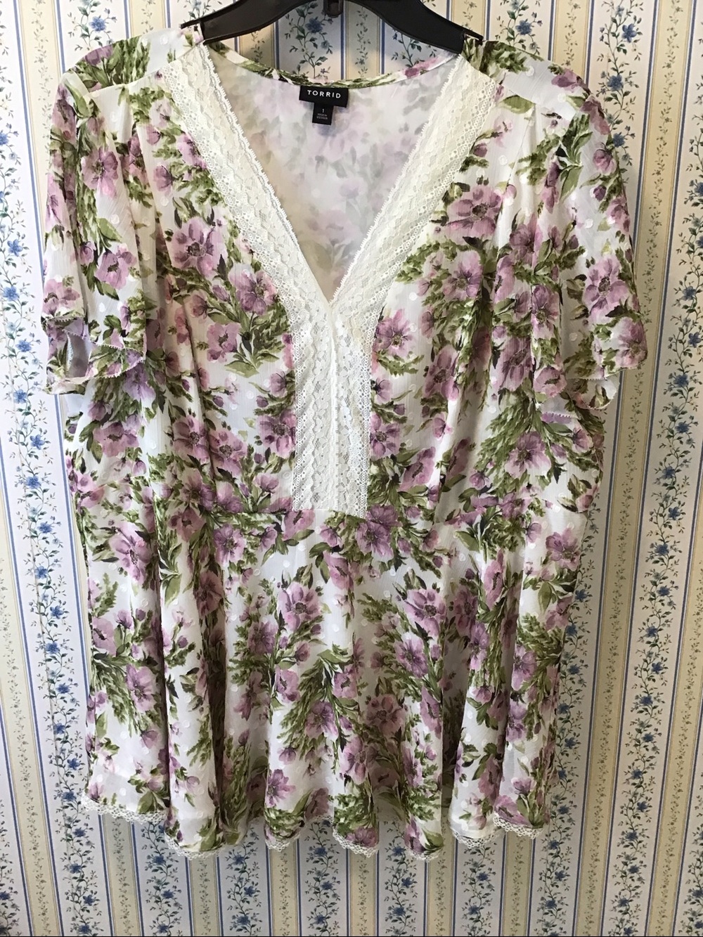 cream Floral Lace-Trim Peplum Blouse